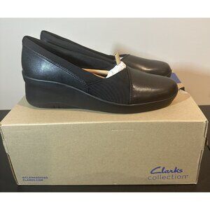 NIB Clarks Suttyn Walk Black Leather Wedge Slip On Shoes Womens Size 8 M